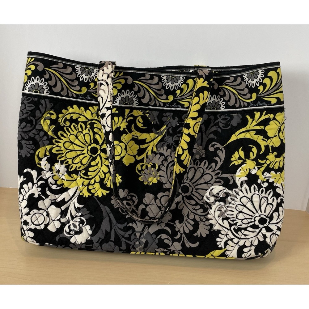 VERA BRADLEY Black Gray‎ Yellow BAROQUE Cotton Quilted SHOULDER TOTE BAG